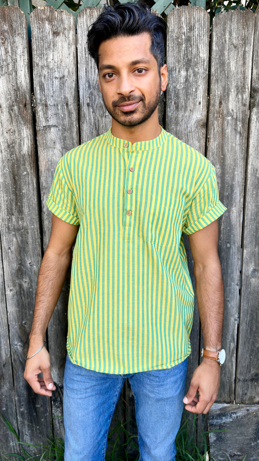 Vasant (Spring) Kurta Band Collar Men's Shirts Quarter Button Cotton. Showcasing the signature South Asian Band Collar neck coupled with coconut button enclosures; The Kurta effortlessly blends Eastern aesthetics with Western style. Quarter button, green & turquoise stripes. A shirt designed to be a South Asian inspired elevated casual cotton shirt. 